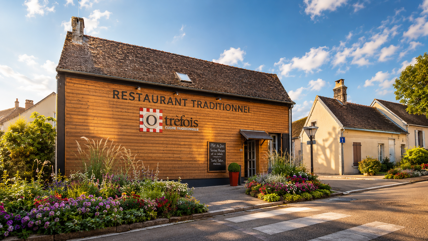 Façade en bois du restaurant O'trèfois à Dreux, avec son parterre de fleurs et l'ardoise du jour, un soir de beau temps.